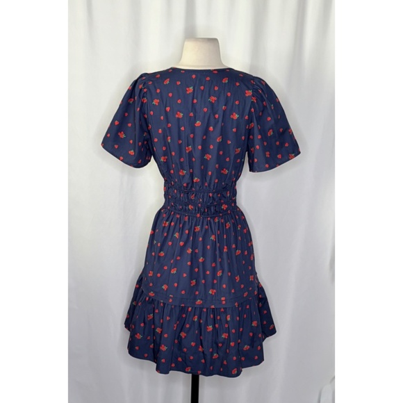ANTHROPOLOGIE Strawberry Print Smocked Somerset Mini Dress Navy Blue Red Small - Picture 9 of 14